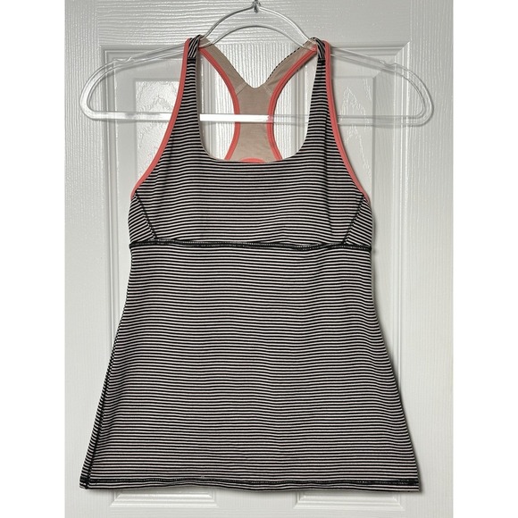 lululemon athletica Tops - Lululemon Get Fit Keyhole Tank w/Shelf Bra Size 6 Black White Striped Coral Trim